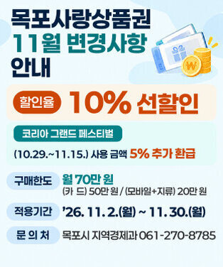 목포사랑상품권 11월 변경사항 안내 할인율 : 10% 선할인    ※ 코리아 그랜드 페스티벌(10.29.~11.15.) 기간 사용 금액 5% 추가 환급 구매한도 : 월 70만 원    - (카  드) 50만 원 / (모바일+지류) 20만 원 적용기간 : ’26. 11. 2.(월) ~ 11. 30.(월)  문 의 처 : 목포시 지역경제과(☎061-270-8785)