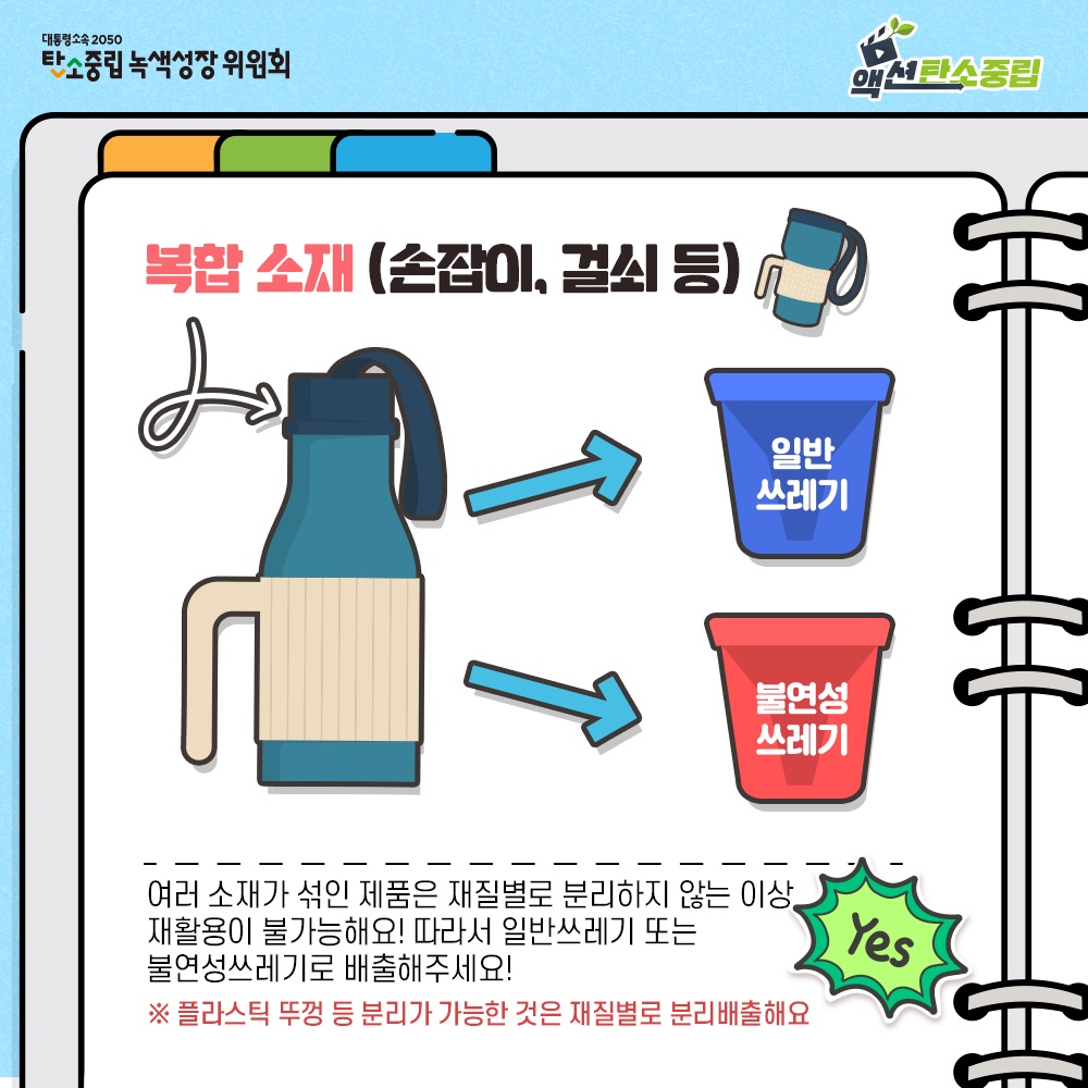 대통령속속 2050 탄소중립 녹색성장 위원회 액션탄소중립  복합 소재 (손잡이, 걸쇠 등)  일반 쓰레기 불연성 쓰레기  여러 소재가 섞인 제품은 재질별로 분리하지 않는 이상 재활용이 불가능해요! 따라서 일반쓰레기 또는 불연성쓰레기로 배출해주세요! ※ 플라스틱 뚜껑 등 분리가 가능한 것은 재질별로 분리배출해요  Yes