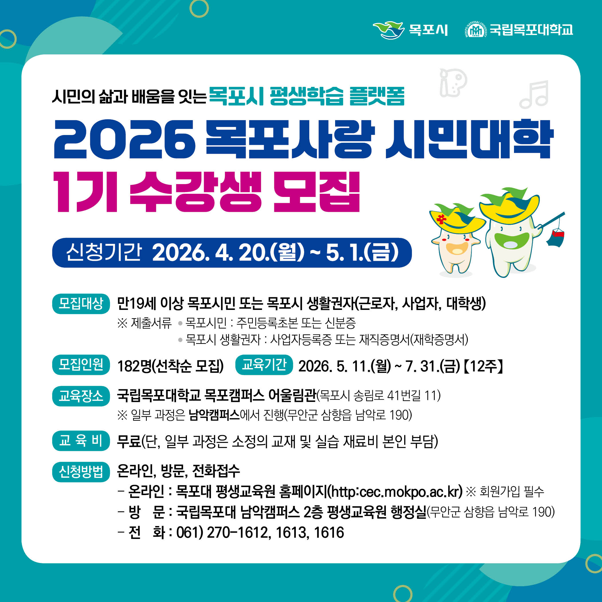 목포시 국립목포대학교  시민의 삶과 배움을 잇는 목포시 평생학습 플랫폼  2026 목포사랑 시민대학 1기 수강생 모집  신청기간 2026. 4. 20.(월) ~ 5. 1.(금)  모집대상 만19세 이상 목포시민 또는 목포시 생활권자(근로자, 사업자, 대학생) ※ 제출서류 - 목포시민 : 주민등록초본 또는 신분증 - 목포시 생활권자 : 사업자등록증 또는 재직증명서(재학증명서)  모집인원 182명(선착순 모집) 교육기간 2026. 5. 11.(월) ~ 7. 31.(금)【12주】  교육장소 국립목포대학교 목포캠퍼스 어울림관(목포시 송림로 41번길 11) ※ 일부 과정은 남악캠퍼스에서 진행(무안군 삼향읍 남악로 190)  교육비 무료(단, 일부 과정은 소정의 교재 및 실습 재료비 본인 부담)  신청방법 온라인, 방문, 전화접수 - 온라인 : 목포대 평생교육원 홈페이지(http://cec.mokpo.ac.kr) ※ 회원가입 필수 - 방문 : 국립목포대 남악캠퍼스 2층 평생교육원 행정실(무안군 삼향읍 남악로 190) - 전화 : 061)270-1612,1613,1616