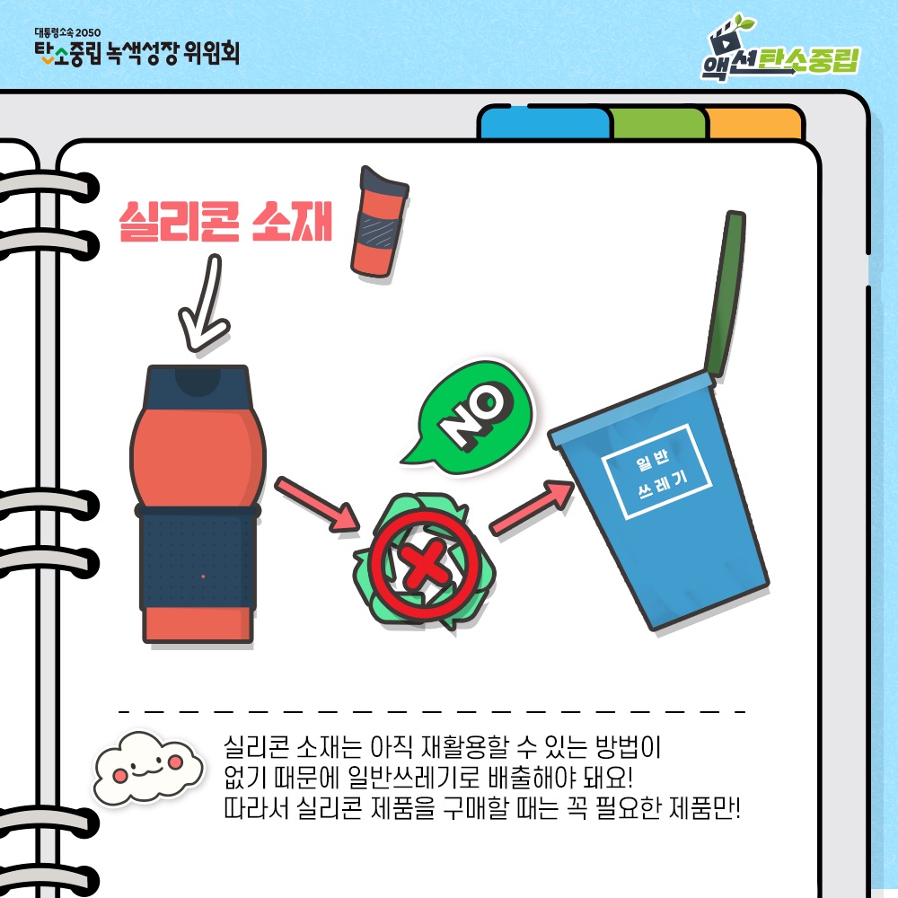 대통령속속 2050 탄소중립 녹색성장 위원회 액션탄소중립  실리콘 소재  NO 일반 쓰레기  실리콘 소재는 아직 재활용할 수 있는 방법이 없기 때문에 일반쓰레기로 배출해야 돼요! 따라서 실리콘 제품을 구매할 때는 꼭 필요한 제품만!
