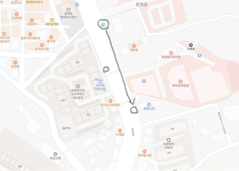 [28013] 용해동주민센터 정류장을 [28026]  용해펌프장 정류장과 같이 목포현대병원 쪽으로 옮겨야 하는 그림